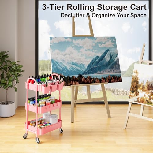 3 Tier Metal Rolling Cart with Lockable Wheels, Three Tiered Storage Carts - color: Fashion Pink, size: 3 tier
