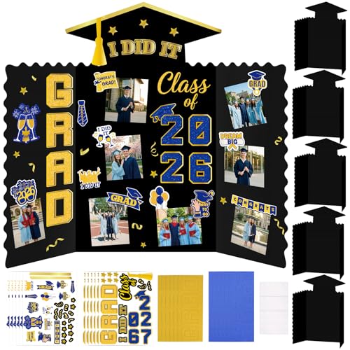 Moon Boat 5 Pack Graduation Decorations 2026 Trifold Poster Boards with Stickers Class of 2026 Grad Party Picture Display Supplies(Blue Gold) - color: Blue Gold