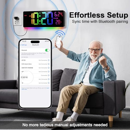 16" Bluetooth Digital Wall Clock - Auto Time Sync, 10 RGB Colors - color: Rgb
