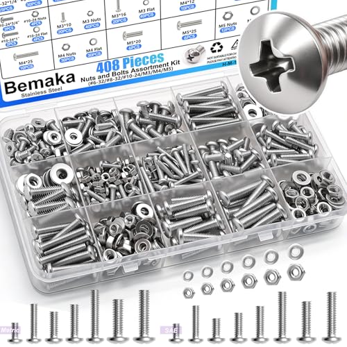 408PCS Machine Screws Nuts and Bolts Assortment Kit, 304 Stainless Steel Bolts #6-32#8-32#10-24 M3 M4 M5 Phillips Pan Head Hardware Screw Assortment Kit, Assorted Bolts, Nuts and Washers Kit - size: SS #6 #8 #10 M3 M4 M5