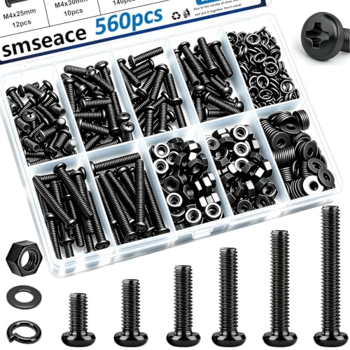 smseace 560Pcs M4 Screws Assortment Kit M4x8/12/14/16/20/25/30mm Metric Screws Assortment Kit 7-Sizes Nut Bolt Washer for Machinery, Furniture, Automotive, Motorcycle Repairs - color: Black, size: 560Pcs M4