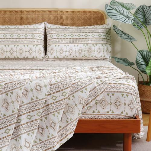 CozySmile 4 Pieces Queen Sheet Set Bohemian, Boho Sheets Soft Microfiber Deep Pocket, Western Sheets Geometric(Queen, Cream Olive Geometric) - color: B-cream Olive Geometric, size: Queen