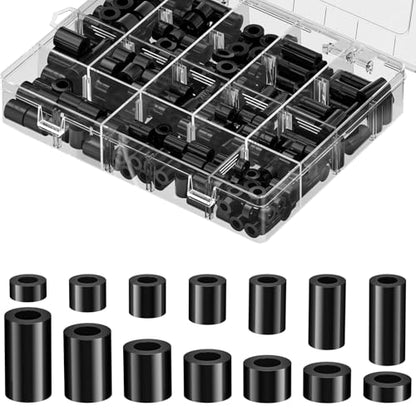 Vibit 320 Pcs M6/M8 Nylon Spacers for Screws, ID 6 mm/8 mm & OD 11 mm/14 mm, 7 Lengths – 5 mm 8 mm 10 mm 12 mm 15 mm 20 mm 25 mm, Non-Threaded Plastic Spacers Round Spacers for M6 M8 Screws, Black - size: M6/M8,320PCS