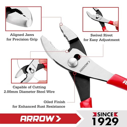 ARROW 8" Slip Joint Pliers, Pliers Tool with Thick Dip-Grip Handle, Strong Grip Jaws, High Carbon Steel, Pliers for Gripping, Loosening Nuts and Bolts, Cutting Steel Wire (Pack of 2) - size: 8 Inch (Pack of 2)
