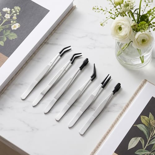 6pcs Rubber Tipped Tweezers, Long Tweezers Bent Pointed Tipped Hobby Tweezer Flat Straight Tip Tweezers for Crafts Beads Jewelry Making Stamps Succulents Pet (Black,Silver) - color: Black