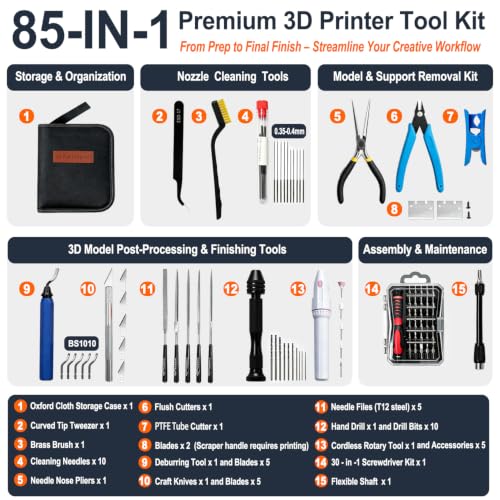 85pcs 3D Printer Tool Kit with Storage Bag,Post-Processing & Complete Maintenance Tools incl.Nozzle Cleaning Kit,Deburring Tool,Wire Cutters,Screwdriver Set,for Bambu Lab,Ender 3,Kobra, Starter Kit - size: All in One Tool Kit