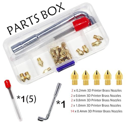 MK8 Nozzles 22 pcs 3D Printer Brass Nozzles 0.2mm, 0.4mm,0.6mm, 0.8mm, 1.0mm CR-10 Nozzle with DIY Tools and Metal Storage Box for CR-8 / CR-10 / Ender 3 / Ender 3S / 5/6 and so on… - size: Various Nozzles
