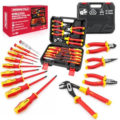 Insulated Screwdriver & Pliers Set: 14-Piece VDE Insulated Set 1000V Insulated Electrician Tool Set with Magnetic Phillips, Slotted Screwdrivers and Insulated Pliers - color: 14 Pcs Vde All-in-one - Pliers