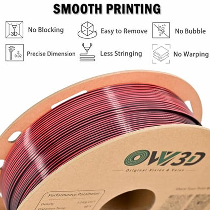 OVV3D PLA Filament 1.75mm, 3D Printer Filament Silk PLA Dual Color PLA Filament, Black Red, Color Change Every Inch 3D Printer Filament +/-0.02mm, 1kg/2.2lb - color: Dual-color Black Red