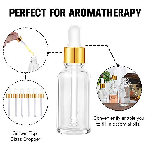 PrettyCare Glass Eye Dropper Bottles 2oz (60ml), 12 Pcs Clear Empty Thick Bottles Bulk with Leakproof Golden Caps - With Labels & Funnels for for Storage, Travel,Essential Oils, DIY Serums, Tincture - color: 2oz Clear, style: 12 Pack