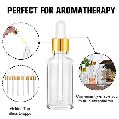 PrettyCare Glass Eye Dropper Bottles 2oz (60ml), 12 Pcs Clear Empty Thick Bottles Bulk with Leakproof Golden Caps - With Labels & Funnels for for Storage, Travel,Essential Oils, DIY Serums, Tincture - color: 2oz Clear, style: 12 Pack