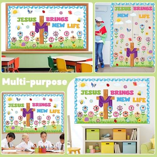 Christian Bulletin Board Set Back to School Jesus Brings New Life Religious Cross Classroom Decor Lent Butterfly Flower Paper Cutouts DIY Photo Bulletin Board Border for Church VBS Sunday School Decor - style: Spring Religious