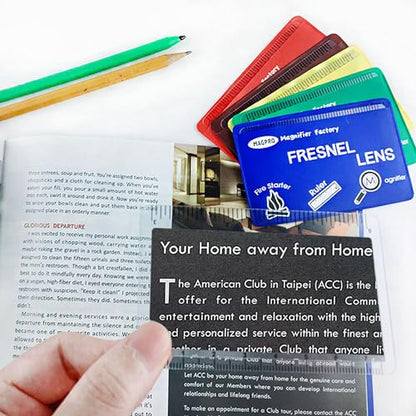 MagDepo 6 Pack Credit Card Size Magnifier Ruler Fire Starter Magnifying Glass Wallet Pocket Magnifier for Reading Small Print, Map, and Book-Blue - color: Sky Blue
