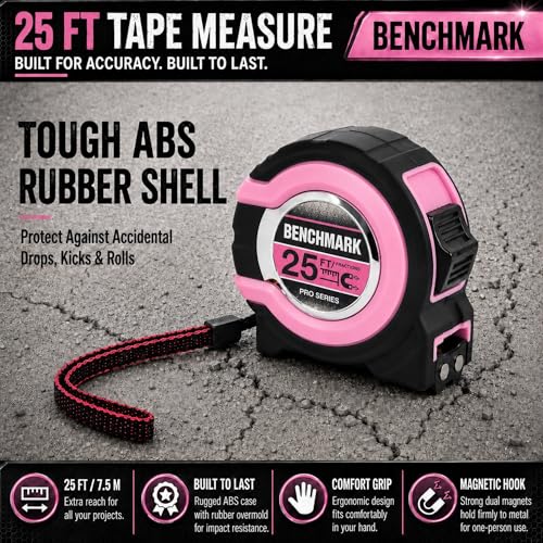 Benchmark - Pink - 3 Pack - 25 ft Tape Measures - Easy to Read Fractions to 1/8th inch - Magnetic Tip - Thumb and Quick Lock - Autowind - Belt Clip - size: Pink