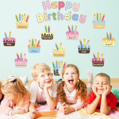 FYSUIMU 67 Pcs Happy Birthday Bulletin Board Decoration Set Birthday Cake Cutouts Back to School Paper Cutting with Glue Points for First Day of School Party Classroom Wall Calendar