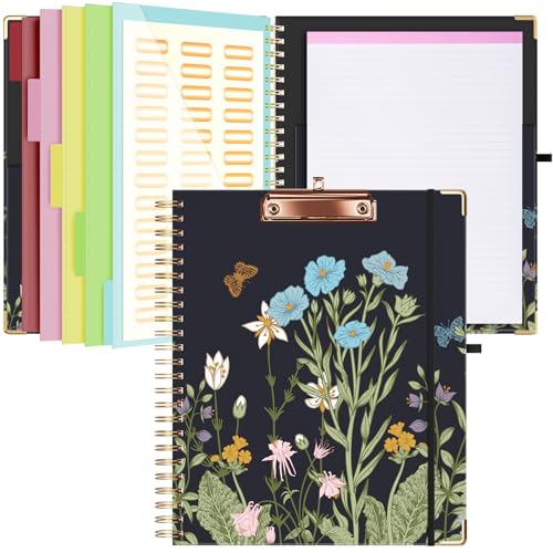 Ospelelf Clipboard with Storage 8.5 X 11，Padfolio Organizer, Spiral Portfolio Letter Size with Notepad, Pen Holder, 5 Extra Folder Divider Pages, Elastic Closure Nurse Essentials (Night Flowers) - color: Night Flowers