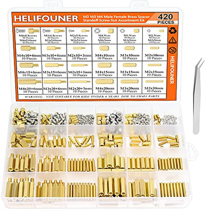 HELIFOUNER 420 Pieces M2 M3 M4 Male Female Hex Brass Spacers Standoffs Screws Nuts Assortment Kit with a Tweezers - size: M2 M3 M4 Brass Standoff Kit