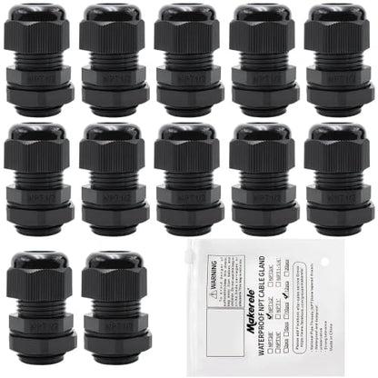 MAKERELE 12pcs 1/2" NPT Cable Gland Waterproof IP68 Strain Relief Connector - color: Black, size: 1/2" 12pcs BAG