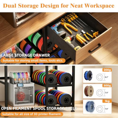 3D Printer Stand with Filament Storage Workstation and Drawer - color: Black+Brown