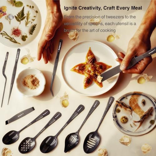 | Plating Tools Culinary Set | 11 Piece Professional Chef Plating Tools Pro Kit | Kitchen Plating Utensils | Modernist Cuisine Food Art | Stainless Steel | Black (Black) - color: Black