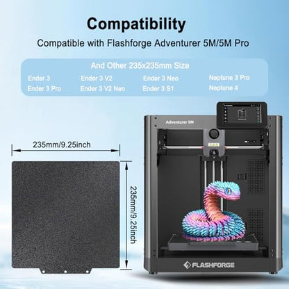 Black PEI Build Plate for Adventurer AD5X/5M/5M Pro, Textured PEI Spring Steel Flexible Platform Heated Bed for Neptune 3 Pro/4, Kobra, Ender 3/3 Pro/3S1/3v2, CR 20/CR 20 Pro, Ender 5/5 Pro - size: 235x235MM