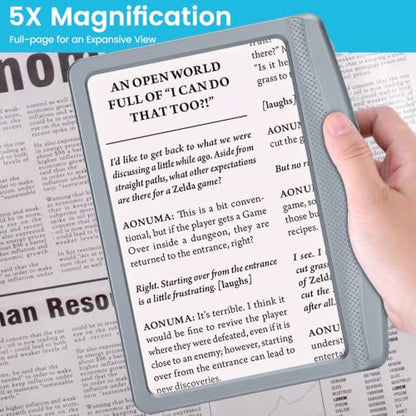 Rechargeable 5X Magnifying Glass for Reading, Large Bright Full Page Magnifier with Light, Handheld LED Dimmable Lighted, Lightweight Book Magnifier for Reading Small Prints Seniors - Gray - color: Gray