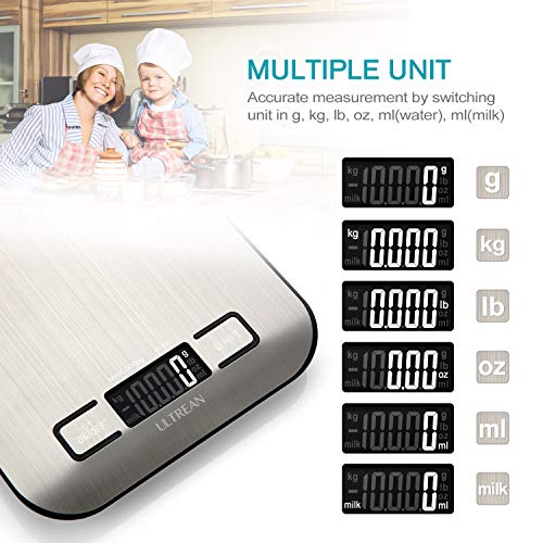 Ultrean Food Scale, Digital Kitchen Scale with LCD Display, Weight Grams and Ounces for Baking Cooking and Meal Prep, 6 Units with Tare Function, 304 Stainless Steel, 11lb (Batteries Included) - size: Medium