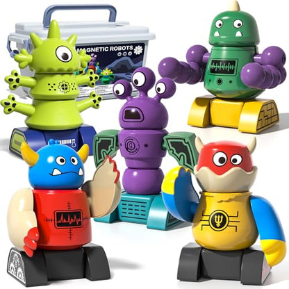 Magnetic Robot Toy for Kids 3-5, 35 PCS STEM Educational Playset with Storage Box, DIY Stacking Monster Robots, Kids Creative Alien Toys Gift for Boys Girls (Christmas Birthday) - color: Monster