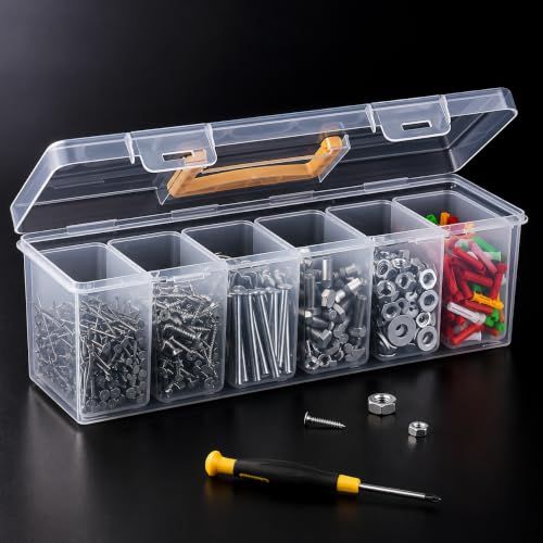 Tool Storage Box, Small Parts Organizer with 1 Outer Box & 6 Removable Dividers, Hardware Container Gift for Men Screws, Nuts, Electronics, Crafts, Fishing, Garage, Father's Day