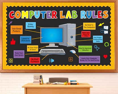 Computer Lab Rules Bulletin Board Decoration Set Science Classroom Decoration Computer Motivational Paper Cutouts for Back to School Home Wall Door Party Supplies - style: Computer lab
