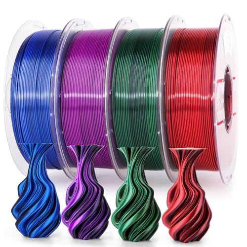 AMOLEN Silk PLA 3D Printer Filament Bundle, Shiny Dual Color PLA Filament 1.75mm Pack, Multi Color Change PLA 3D Printing Filament for Most FDM 3D Printer, 1KG X 4 Spools - color: Black Purple/Black Red/Black Green/Black Sapphire