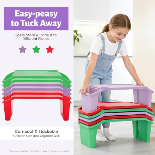 6PCS Kids Lap Desks with Side Storage, Stackable Plastic Lap Trays - color: Red+green+purple
