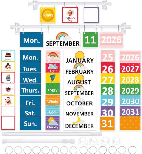 96 Cards Classroom Bulletin Board Decorations Set for Teachers,Flip Calendar with Holder for Classroom,Adjustable Calendar,Preschool Elementary Home Decor Supplies（Rainbow） - style: Rainbow