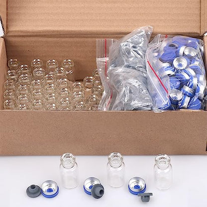 100 Pack Glass Vials Clear Glass Headspace Vial with Plastic-Aluminum Flip Caps, Rubber Stoppers and Label Papers, Small Glass Lab Vials 2ml - size: 2ml-100pcs