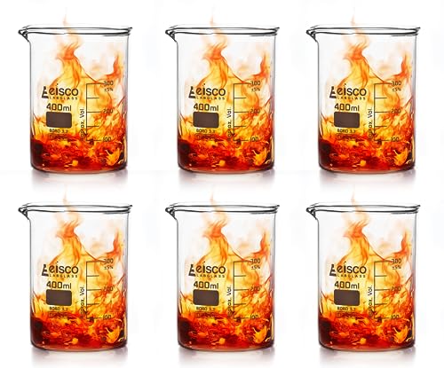 EISCO 6PK Beakers, 400ml - Griffin Style, Low Form with Spout - White, 50ml Graduations - Borosilicate 3.3 Glass