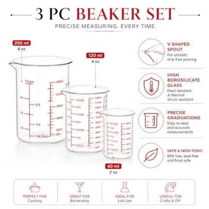 High Borosilicate Glass Measuring Cup Set - 60ml(2oz),120ml(4oz), 250ml(8oz) - Glass Measuring Beaker for Kitchen or Restaurant, laboratory, Easy to Read