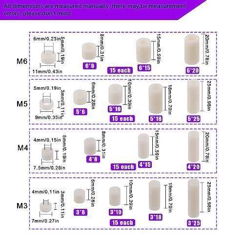 Swpeet 270Pcs 18 Sizes White Nylon Round Spacer Standoff Screw Nut Assortment Kit, Nylon ABS Plastic Standoff, Length 3mm 5mm 6mm 8mm 10mm 12mm 18mm 20mm 25mm for M3 M4 M5 M6 Screws Prototyping - color: White