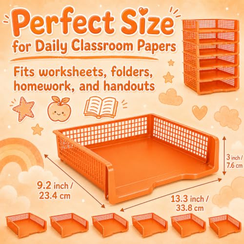 6 Pcs Orange Turn in Trays Classroom, Stackable Paper Bins for Classroom, 13x9x2.8 inch Plastic Baskets Desktop Organization System Office (Orange) - color: Orange