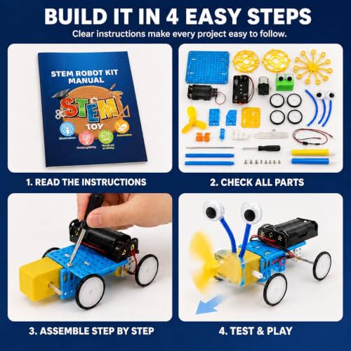 NewFamily 6-in-1 STEM Robot Building Kit, DIY Science & Engineering Project Set with Reptile Robot, Balance Car, Bubble Machine, Fiber Optic Lamp and Buzzer Wire Game