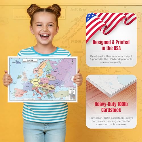 Europe Map 11x17 Laminated Dry Erase Geography Chart | Double-Sided with Color Front & Blank Outline Back | Reusable Classroom & Homeschool Tool - color: Europe