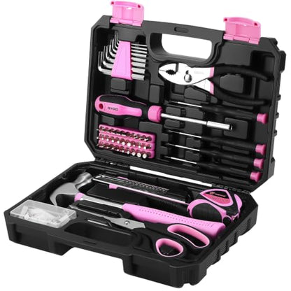 DEKOPRO 50 Piece General Household Hand Tool Kit with Plastic Toolbox Storage Case, All Purpose Home Tool Kit Includes Essential Tools for Office College Repairs - Pink - color: Pink-50pcs