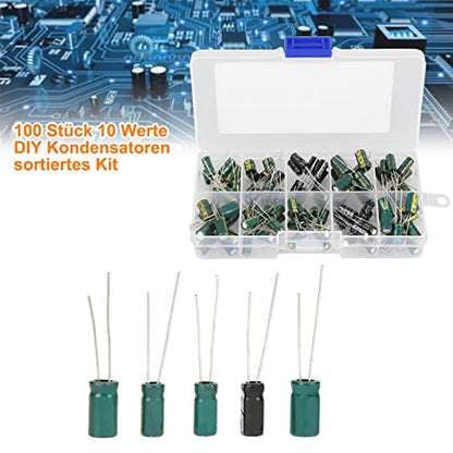 100pcs DIY High Grade Audio Capacito, Audio Capacitor Assorted Kit, 10 Values 10V-63V 10uf-470uf Electrolytic Capacitors Radial Capacitor