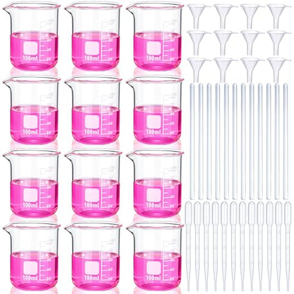 Tallew 48 Pcs 100ml Glass Beaker Set Including 12 Pcs 3.3 Borosilicate Lab Beaker, 12 Glass Stirring Rods, 12 Plastic Funnel and 12 Dropper for Lab and Perfume Making