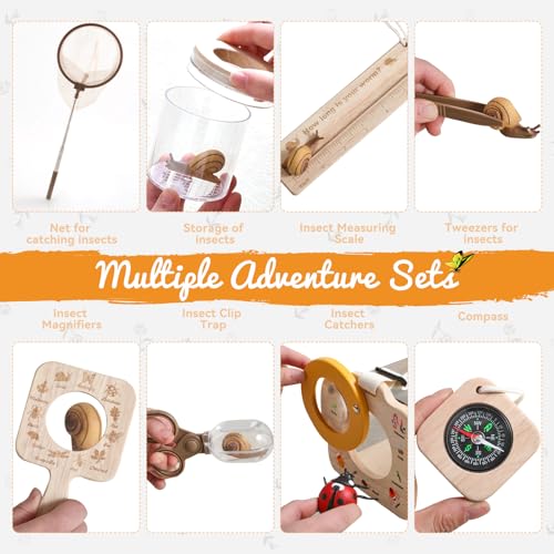 Wooden Insect Observation Kit for Kids,10Pcs Outdoor Nature Explorer Set, Insect Habitat Cage,Butterfly Net,Magnifying Glass,Compass STEM Education Toy, Birthday Backyard Gift for 3+ Boys & Girls