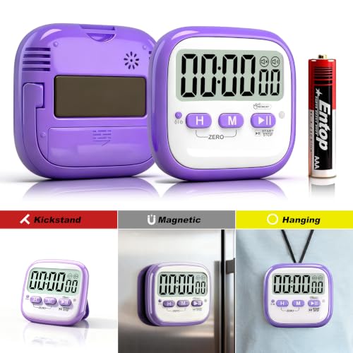Antonki 2 Pack Classroom Timers for Kids Teachers, Magnetic Countdown Digital Kitchen Timer for Cooking, Study, Exercise, Games, Time Mangement - Loud/Silent Mode - Battery Included - color: Pink & Purple
