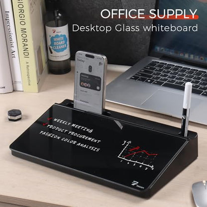 TOWON Compact Glass Desktop Whiteboard with Storage 12x7 in, Black - color: Black