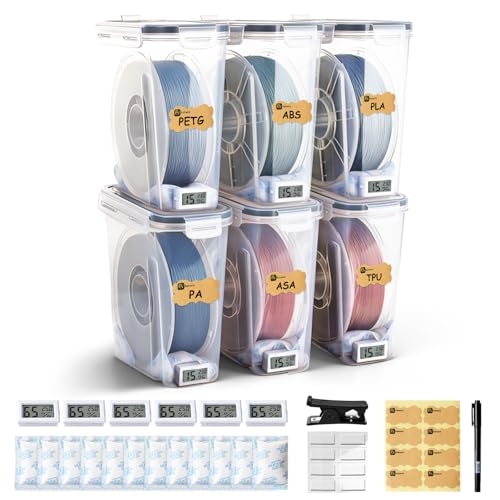 Filament Storage Box - 6 Pack 4L 3D Printer Filament Containers with 6 Hygrometers, Airtight Dry Boxes for Sealing and Protection, Water-Proof & Dust-Proof, Reusable Desiccant, Tube Cutter