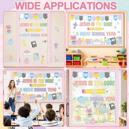 Pastel Christian Religious Bulletin Board Decorations Set Jesus is The Core to a Great School Year Classroom Decor Composition Paper Cutouts for Sunday School Home Wall Door Party Supplies - style: Pastel Christian