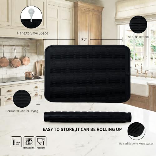 MicoYang Silicone Dish Drying Mat for Multiple Usage,Easy clean,Eco-friendly,Heat-resistant Silicone Mat for Kitchen Counter or Sink,Refrigerator or Drawer Liner Black 4XL 32 inches x 18 inches - color: Black, size: 32"L x 18"W