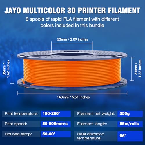 JAYO Rapid PLA 3D Printer Filament Bundle 2KG, 8 Pack 250g - color: 0.25kg*8(black/White/Blue/Red/Pink/Orange/Yellow/Green)
